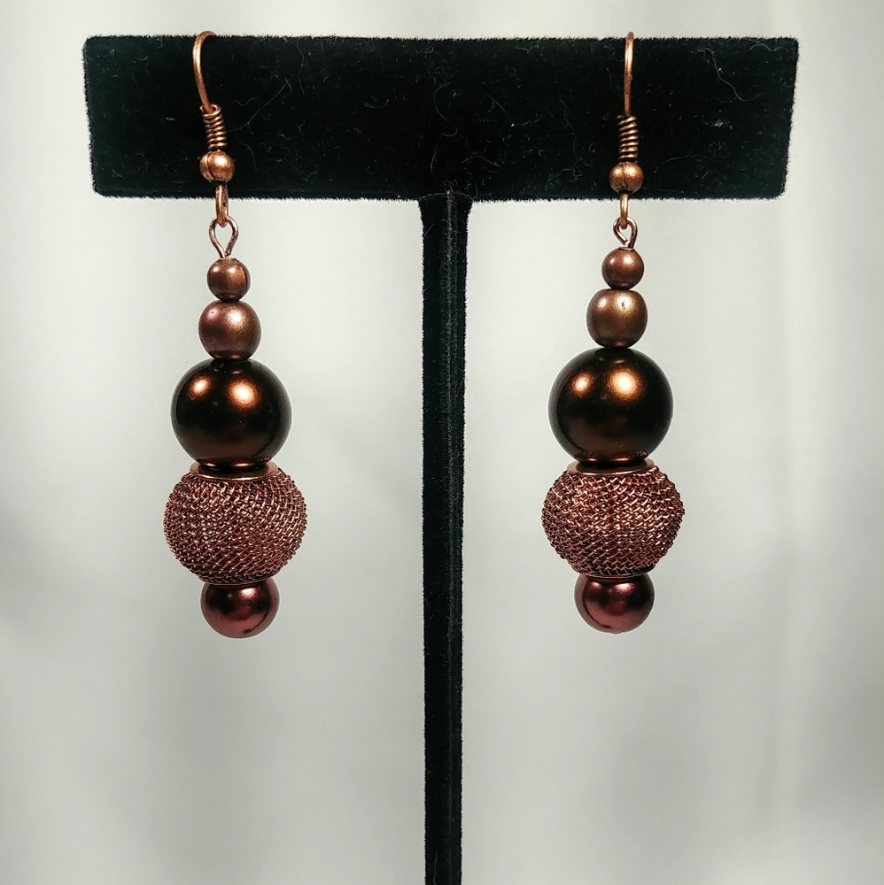 Bronze Tone Beaded Dangling Earrings w/ Mesh Bead